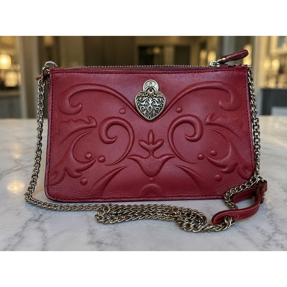 Brighton Ferrara Sangria Leather Wallet Chain Crossbody Bag Embossed Heart NWOT - Picture 10 of 11
